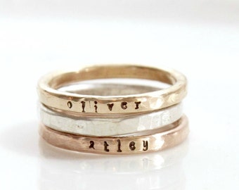 Set of Stacking Rings, mixed metals, Gold Filled Name Stacked Ring, Personalized Hand Stamped Ring, Custom Mom Ring, Kids Skinny Name Ring