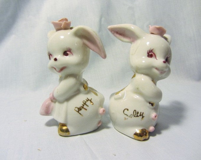 Salty and Peppy Bunny Salt and Pepper Shakers, China Bunny Shakers Pink Roses, Antique Unique Decorative Salt and Pepper Shakers, Rabbits