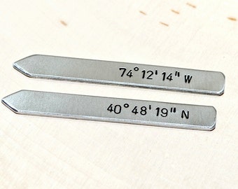 Latitude longitude collar stays in aluminum for you to personalize with your own coordinates