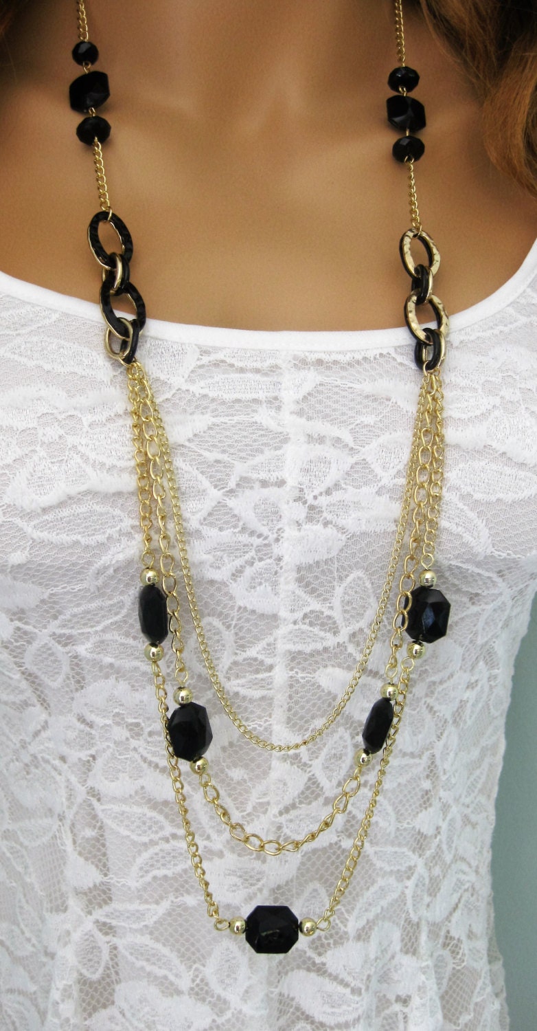 Long Black and Gold Beaded Necklace Long Black Multi Strand