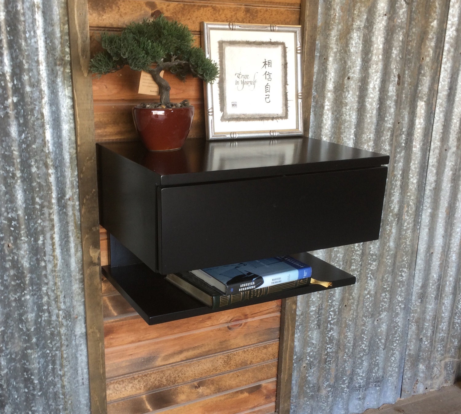 Black Laquer Floating Nightstand with Push Open Dovetailed