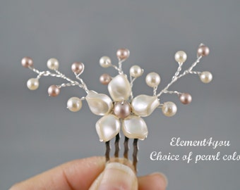 Flower hair comb, Bridesmaid accessories, Champagne ivory pearls, Somehting blue Wedding hair piece, Flower Girl, Small Hair fascinator