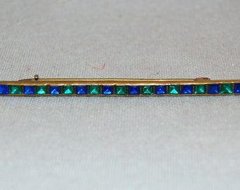 Vintage / Antique / Victorian / Brooch / Rhinestone / Bar Pin / Blue / Green / C Clasp / old jewelry