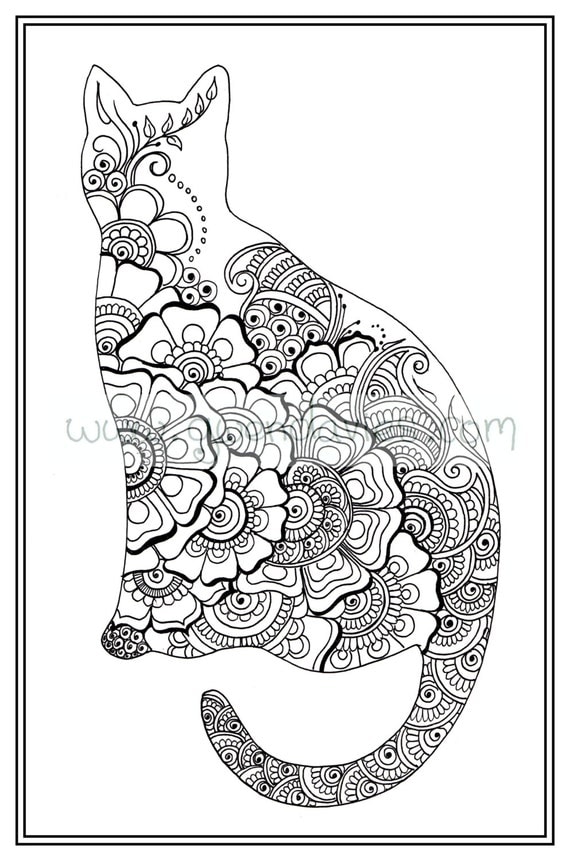 Adult colouring in PDF download cat henna zen mandalas flower