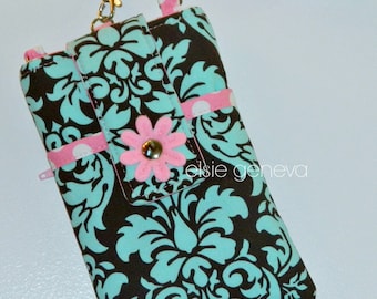 Aqua & Brown Damask and Pink Dots Phone Case with Wristlet With or Without Felted Flower iPhone 4 5 6 Plus Note - Made to Order
