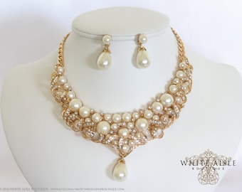 Gold Pearl Wedding Jewelry Set, Vintage Inspired Bridal Necklace Earrings, Bridal Jewelry Set, Bridal Jewelry