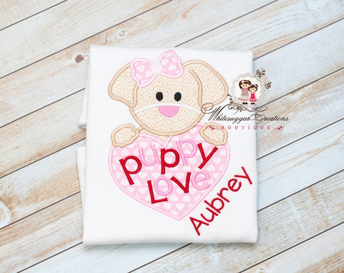Baby Girl Puppy Love Shirt - Girls Puppy Shirt - Girls Custom Shirt - Baby 1st Valentine's Day Puppy Heart Shirt