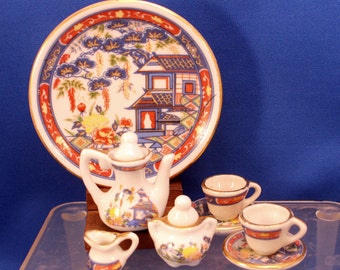 Miniature Tea Set Childrens Doll Dishes Asian Design 10 piece Porcelain