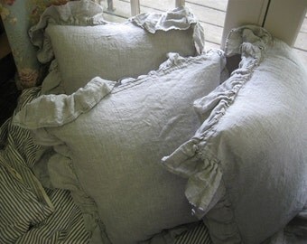 Set of Three Washed Linen Euro Shams with Long Ruffles---3 Euro Shams-26x26 Ruffled Shams in Washed Linen-Linen Pillows-Washed Linen Bedding