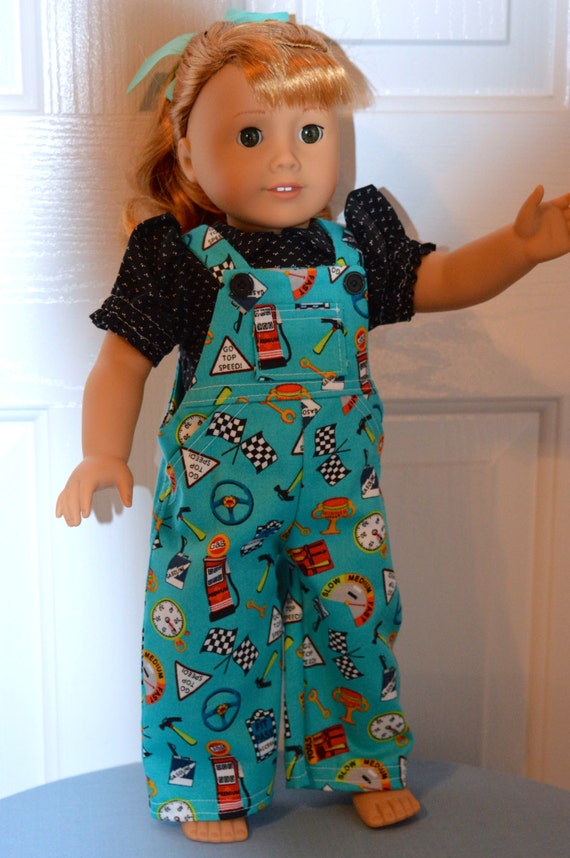 18 Inch Doll Turquoise Racing Print Cotton Denim Bib Overalls