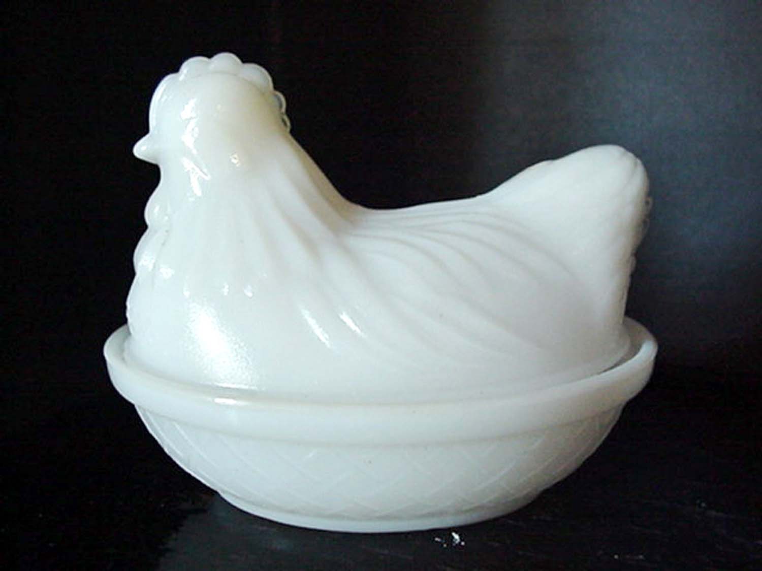 Nesting Chicken White Milk Glass Lidded Candy Dish Home and