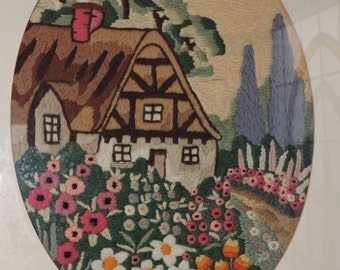Vintage ART DECO Crewel Embroidery Thatched COTTAGE Garden Framed Picture c1931