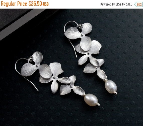 ON SALE Silver Orchid Earrings. Wedding Jewelry. Freshwater Pearl ...