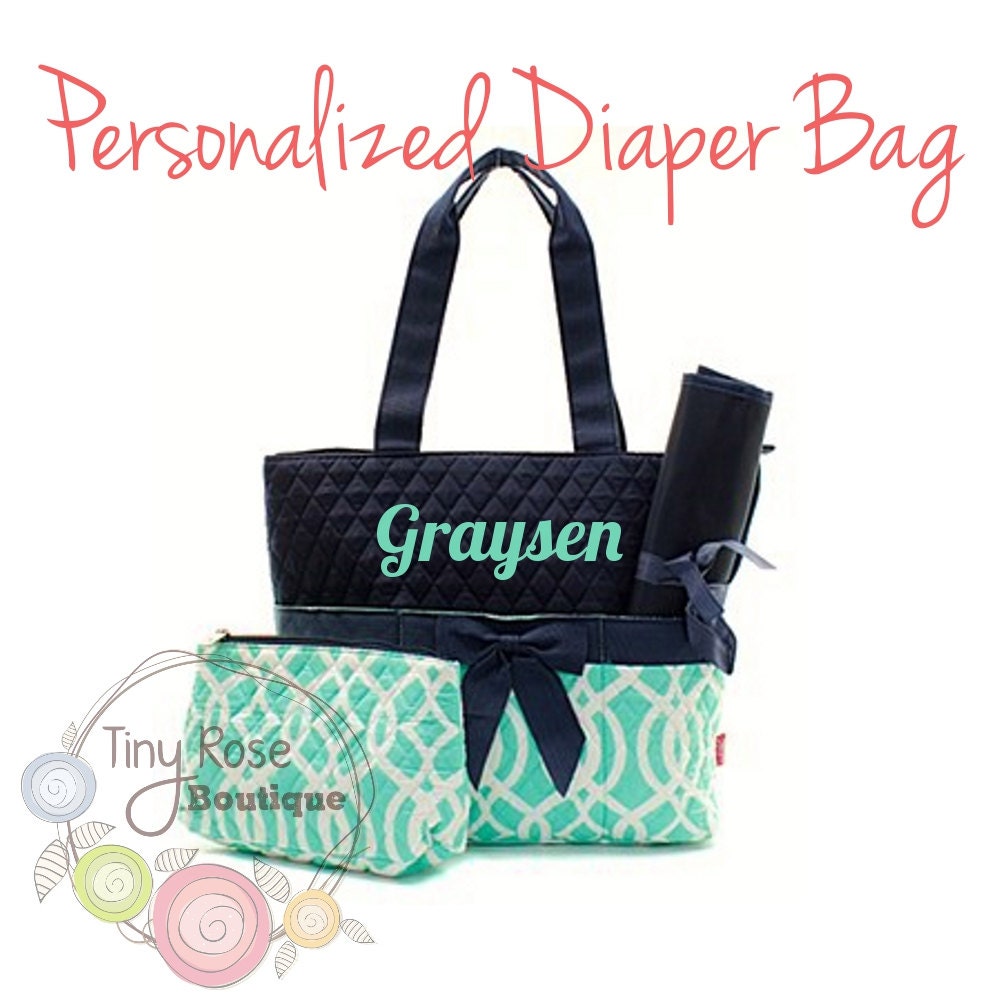 Personalized Diaper Bag Mint Trellis Monogrammed Baby Tote