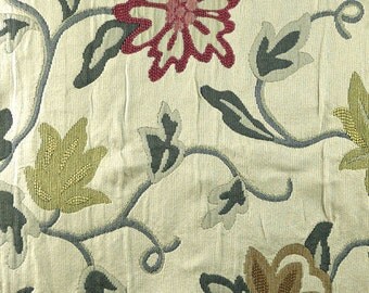 Large Floral Vines, Tapestry Upholstery Fabric, Flowers, Leaves, Green, Red, Cream, Heavy Weight, Cotton Blend, 14 x 80, B16