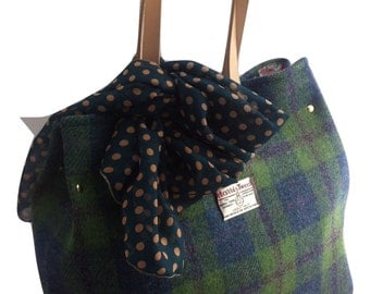 Harris tweed bag tote purse made in Scotland bridesmaid woman girl Scottish gift green blue large