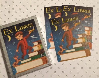 Vintage Antioch Boy and Bear Bookplates with Moon and Stars