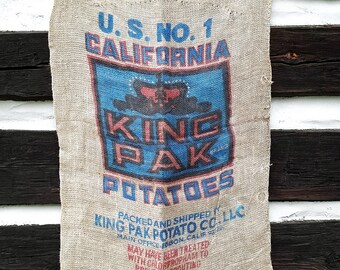 Vintage California King Pak Potato Burlap Sack; Large Industrial Farm Bag, Rustic Farmhouse Decor