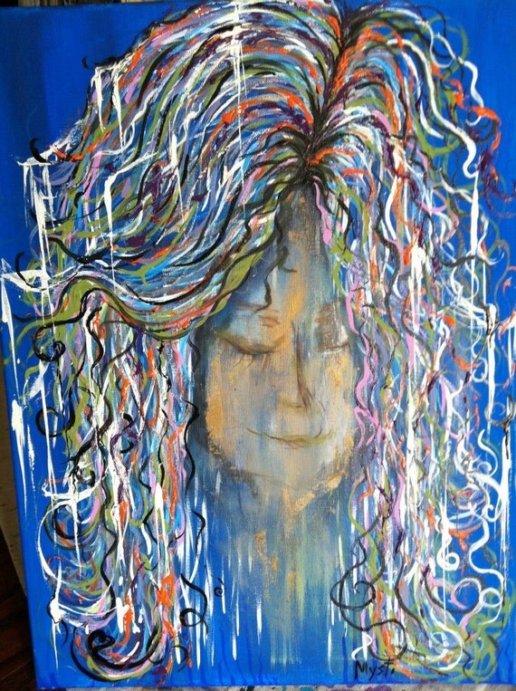Abstract Woman Girl Hair Multi Color Original Painting Blue