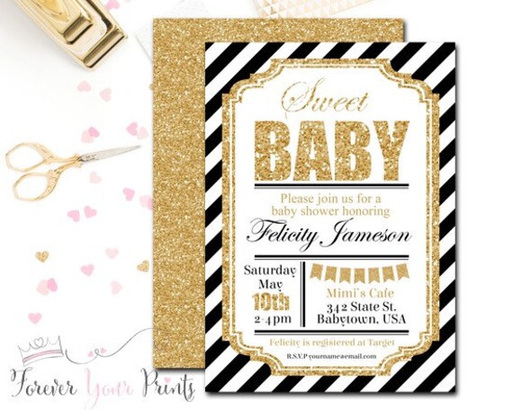 Black and Gold Baby Shower Invitation, Glitter Baby Shower Invitation, Boys Shower Invite, Printable Baby Shower, Classic Black Stripes Il_570xn