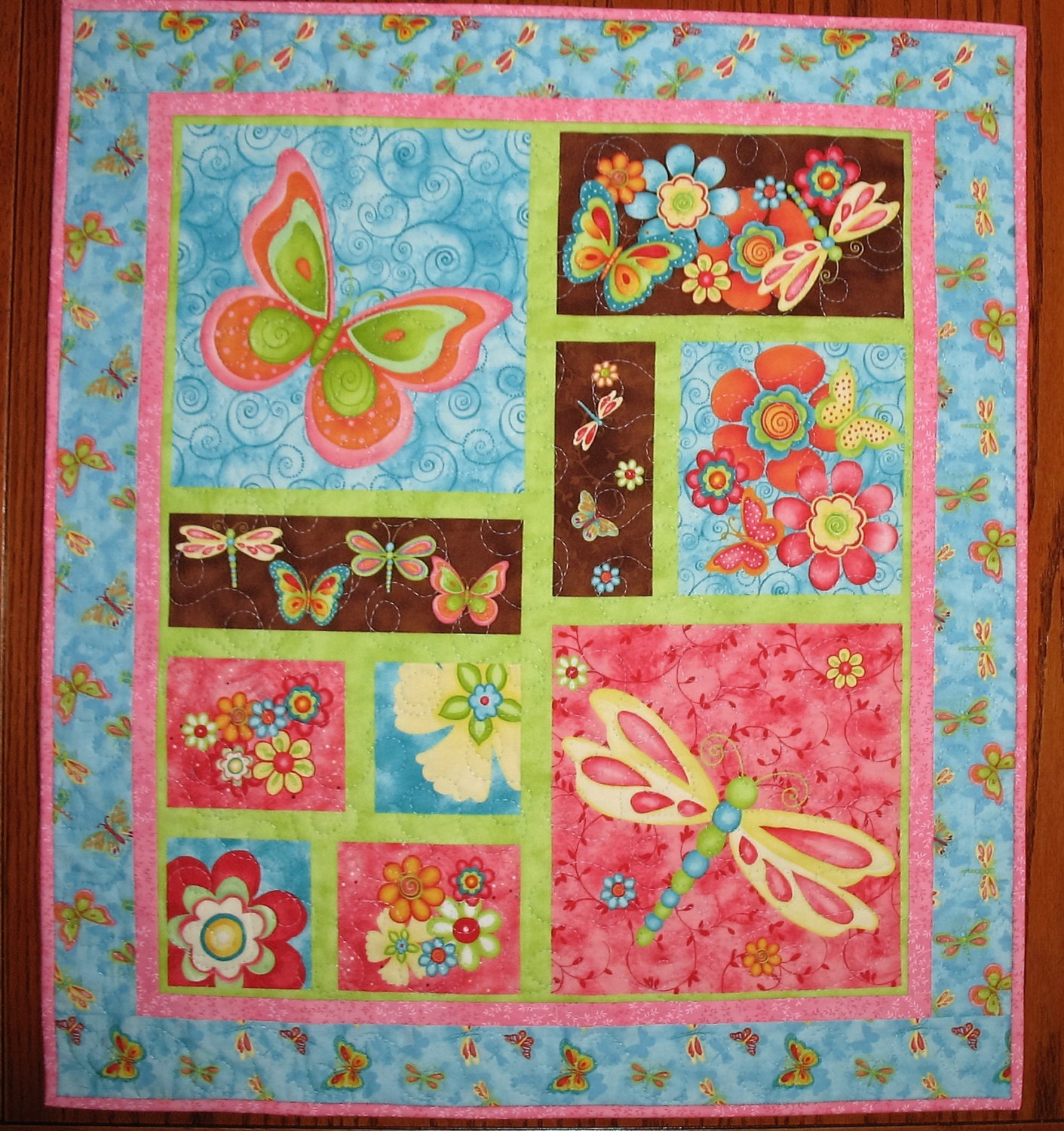 Quilted Wall Hanging Floral Butterfly Dragonfly Fanciful