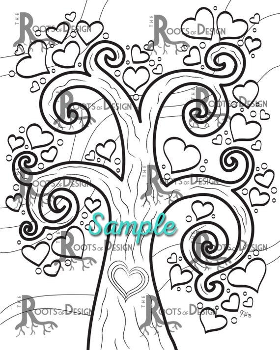 INSTANT DOWNLOAD Coloring Page Heart Tree Coloring by RootsDesign