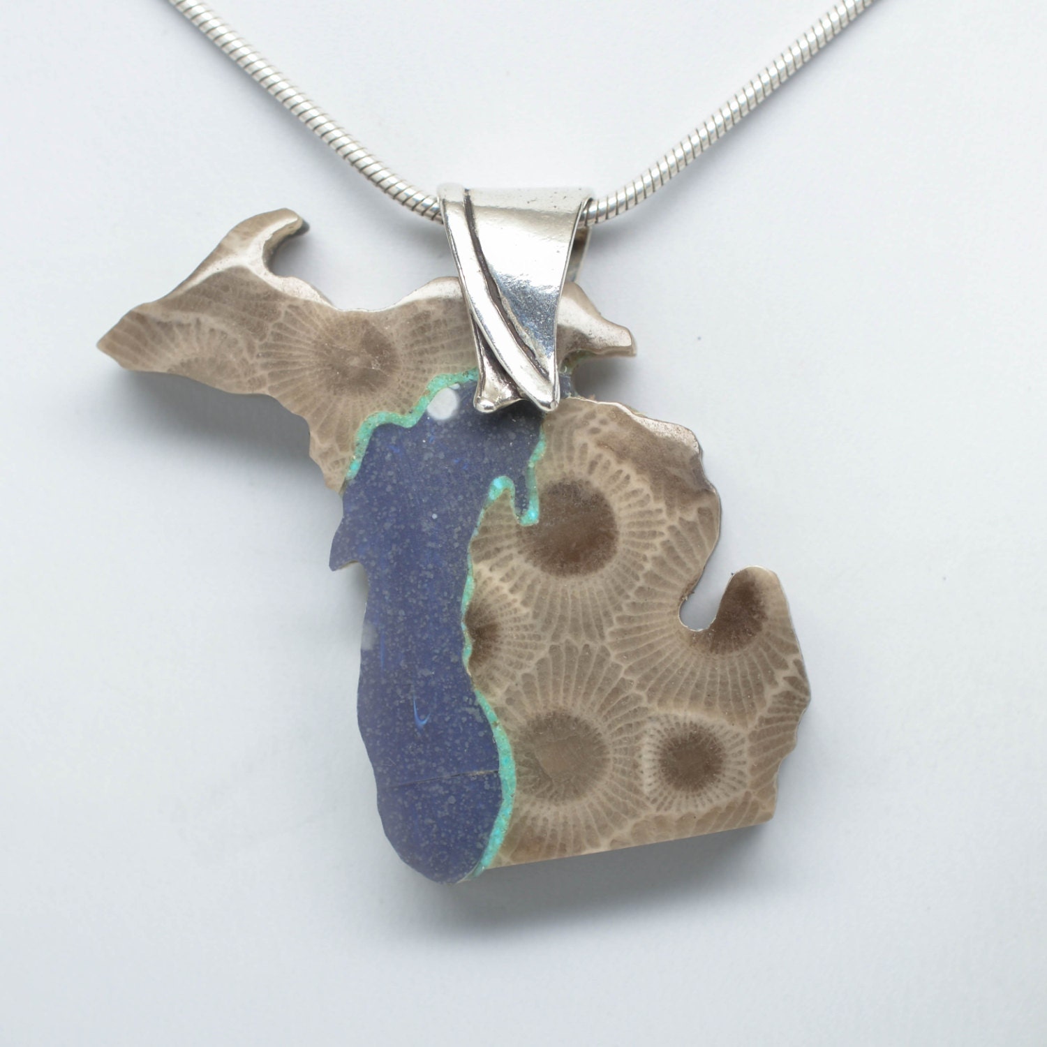 Michigan Shaped Petoskey Stone Pendant with Leland Blue and