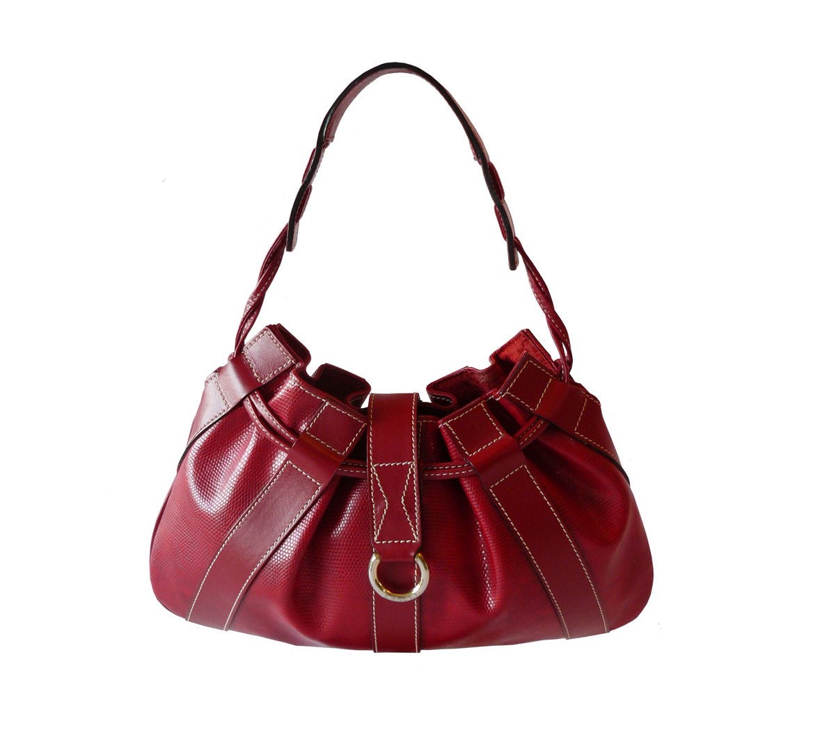 Authentic Lancel Paris Red Leather Drawstring Handbag Made in