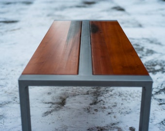 Reclaimed Redwood (softwood) Bench or Coffee Table, Steel Frame, Custom, 'Zeeva' Series