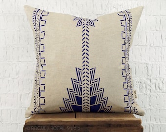 Indigo Southwestern Pillow Case, Cushion Cover | Navajo, Native American Hand Printed Blue and Beige Decorative Throw Pillows | Tribal Decor