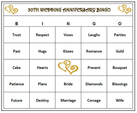 of bingo wedding for words list Party 60 Game Anniversary Bingo Cards 50th Golden