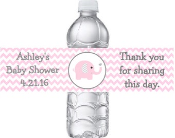 20 Personalized Pink & Grey Elephant Baby Shower Water Bottle Labels - Chevron Pink and Gray Elephant Water Bottle Stickers Party Favors