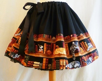 Cat Skirt, Cat Print Dress, Cat Lover Gift, Cats and Library Books Skirt By Rooby Lane