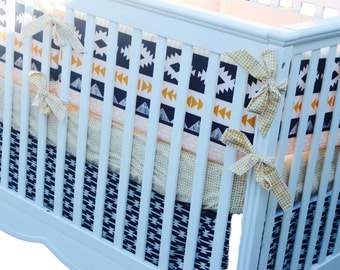 Baby Boy Southwestern Bedding - Aztec Baby Bedding - Custom Crib Bumper - Bumperless Baby Bedding - Navy and Gold Nursery - Crib Rail Guard