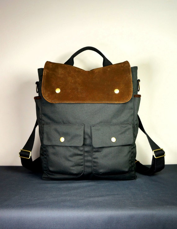 Convertible City Backpack in Black Canvas and Brown Suede/