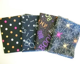 Fat Quarter Bundle, Halloween Fabric, Spiders, Skeleton Fabric, Sewing Crafting Fabric, Orange, Black