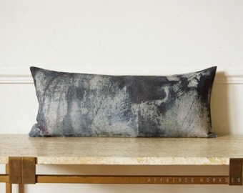 Abstract art Navy blue & white lumbar Pillow case linen. Sumi-e style woodland .. Allusion blue woods / FRAGMENTS. Wabi sabi decor