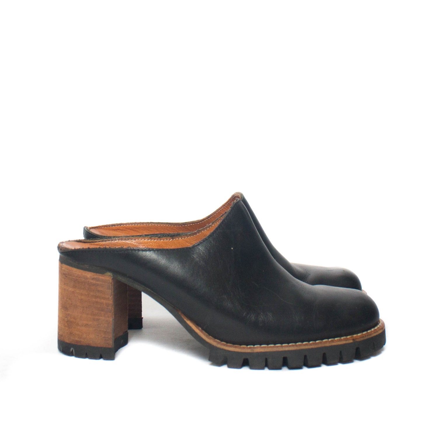 black chunky heel mules