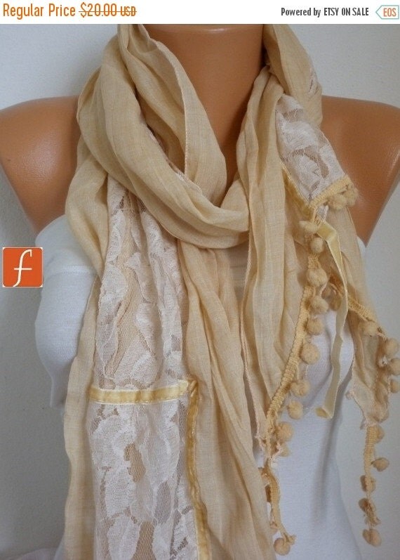 Pale Yellow Cotton Lace Scarf Spring Shawl Cowl Scarf by fatwoman