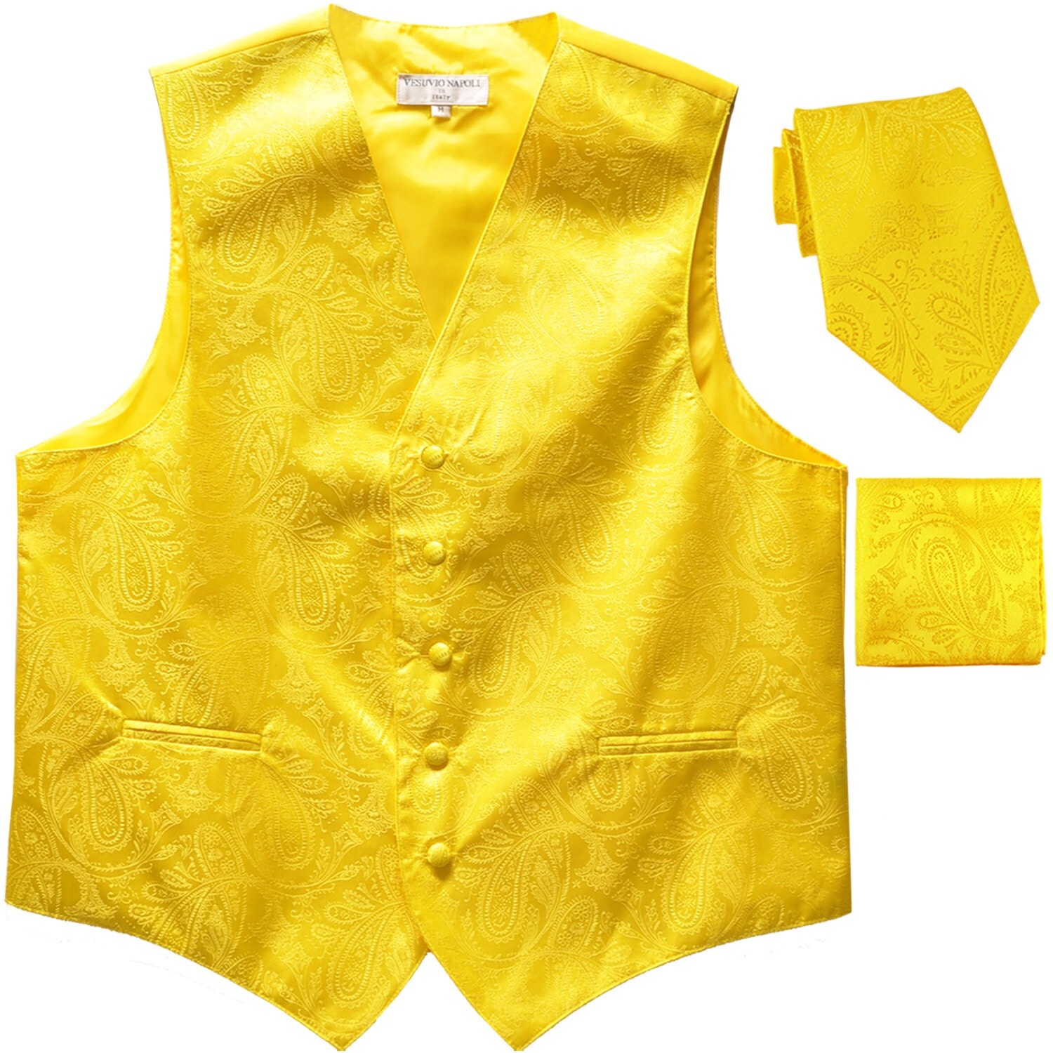 Men's Paisley Yellow Polyester Vest with Self Tie Necktie