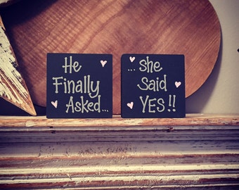 Items similar to He asked she said yes engagement photo prop signs on Etsy