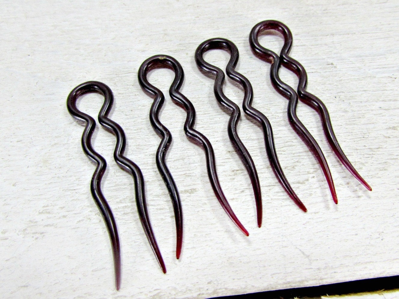 Vintage Celluloid Plastic HairPin Set Small Dark Cherry Red