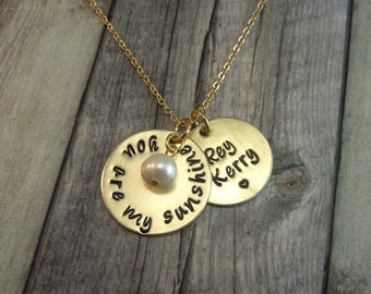 You are my sunshine hand stamped Nu Gold necklace with personalized name disc