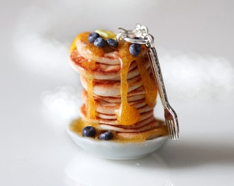 Blueberry Pancake Necklace- Food Jewelry - Miniature Food - Stack of Pancakes Necklace - Food Necklace