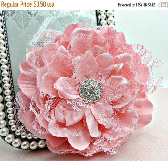 ON SALE 1 Large PRETTY Pink Laced Peony Flowers With Shiny Metal Rhinestone Gem Center Flat Back.