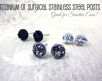 Set of 3 Druzy Earrings - Black, Silver, Gunmetal 8mm Crystal Studs Faux Druzy Post Earrings - Titanium or Stainless Steel Studs