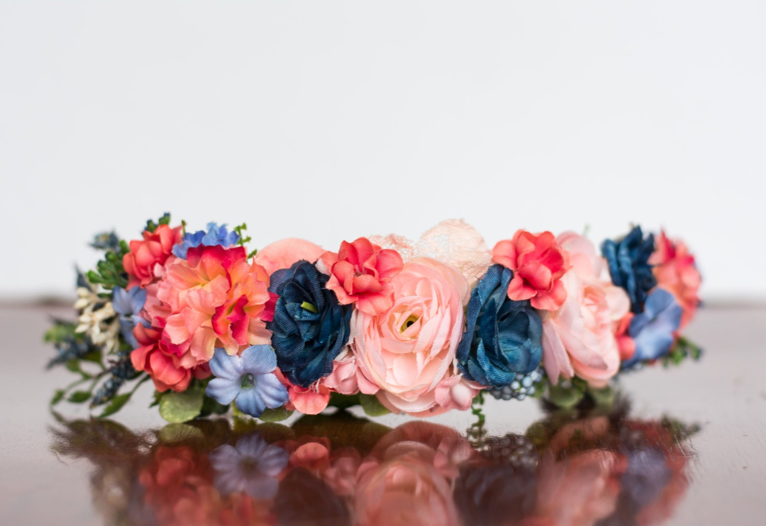 Floral Crown Flower Halo in Peach and Navy Flowers