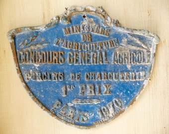 Vintage French Metal Sign Paris Award Plaque Medal Prize Agricultural Show Trophy Prize Plaque