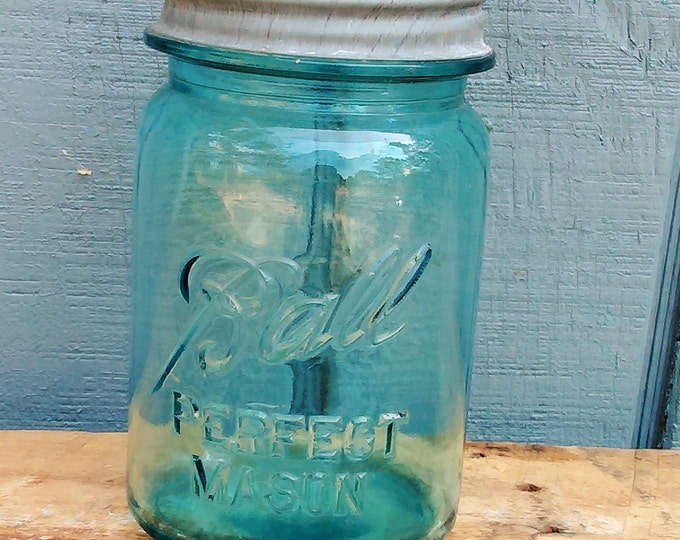 Antique Blue Ball Jar with Zinc Lid - Vintage Mason Jar - Farmhouse Decor - Wedding Mason Jar