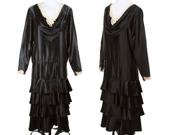 1920s Dress // Black Silk Drop Waist Dress with Tiers of Ruffles Trimmed in Lace